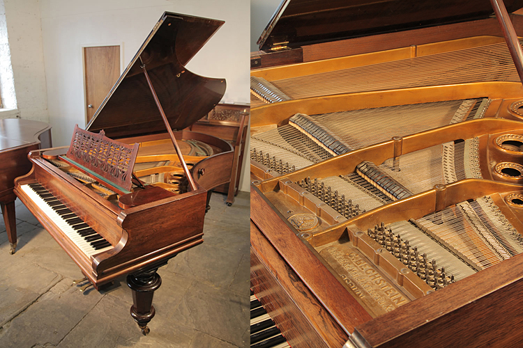 An antique, Bechstein Model B  grand piano with a polished, rosewood case and turned legs