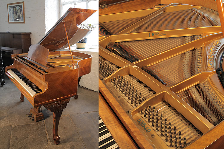 A 1933, Monington and Weston baby grand piano with an exquisite, quartered, walnut case.