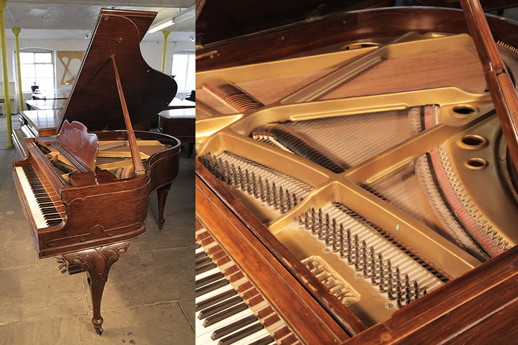 An 1899, Queen Anne style Steck baby grand piano with a walnut case and cabriole legs