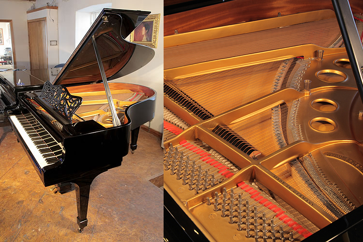 A 1970, Steinway Model O grand piano with a black case and spade legs. Piano has an unusual shaped piano lyre and music desk