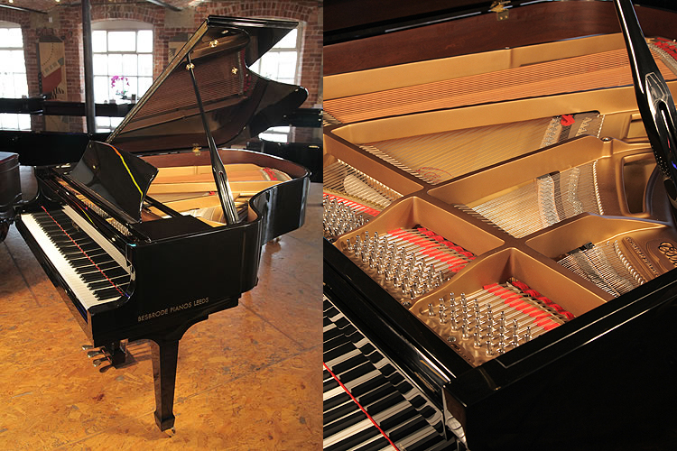 A pre-owned, 2008, Essex EGP173 grand piano with a black case and polyester finish. Designed by Steinway & Sons