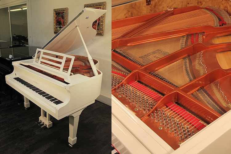 A brand new, Feurich Model 161 Professional grand piano with a white case and chrome  fittings