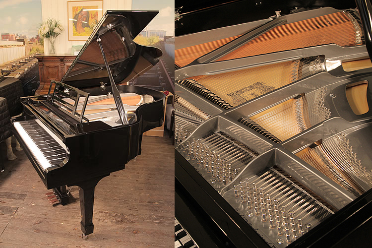 A brand new, Feurich Model 178 Professional grand piano with a black case, gun metal frame and chrome fittings