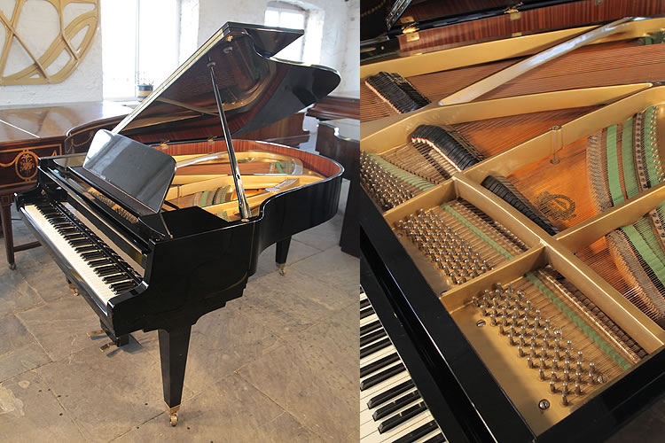 A 1965, Schimmel grand piano with a black case and tapered, square legs.Cabinet features minimalist styling with attention to simple lines and planes.