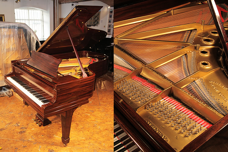 A 1925, Steinway Model B grand piano with a fiddleback mahogany case and spade legs