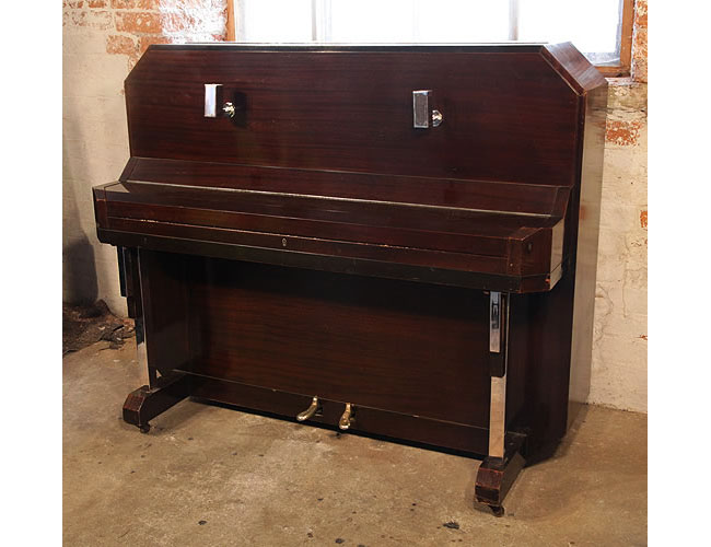 Barker upright piano for sale with an Art Deco style, mahogany case. Cabinet features strong angular styling and chrome fittings