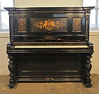 Piano for sale. A 1900, Schiedmayer upright piano with black case. Cabinet features Neoclassical inspired inlaid panels with flowers, foliage and cherubs playing musical instruments.  