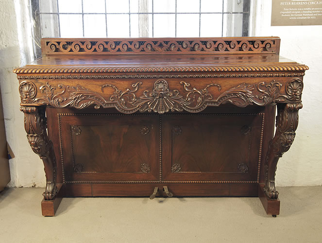 Pape console piano with lid down revealing ornate, Rococo style carvings