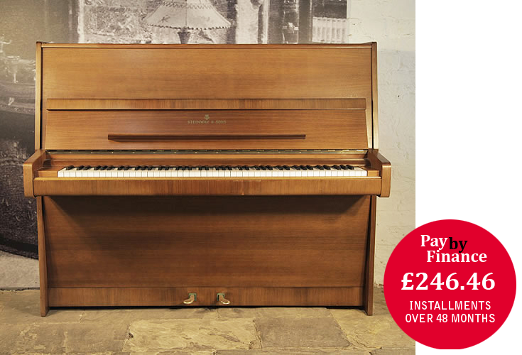 Steinway Model V upright piano for sale with a polished, mahogany case