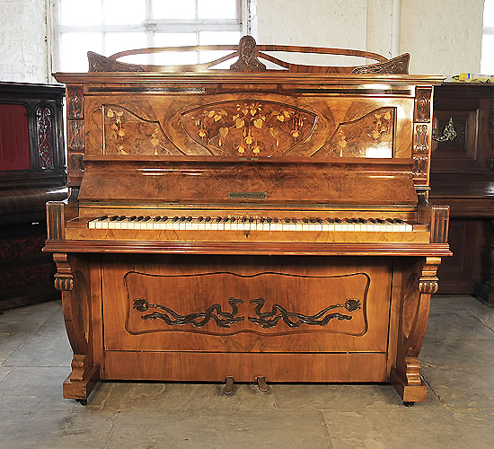 Waddington upright piano for sale with an Art Nouveau style, walnut case and inlaid panels