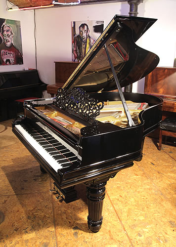 An 1898, Steinway Model A Grand piano for sale with a black case, filigree music desk and fluted, barrel legs