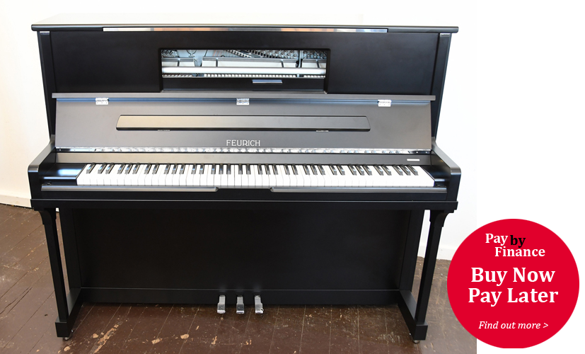 Brand New, Feurich Model 123 Upright Piano For Sale with a Satin, Black Case, LED Lighting and Chrome Fittings