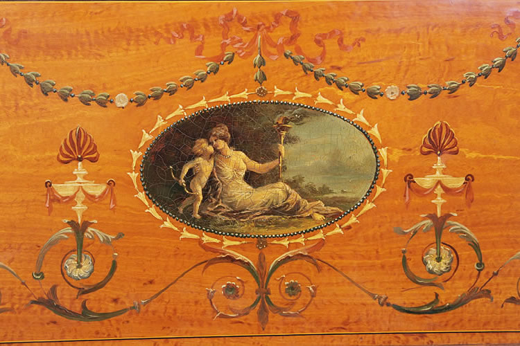 Steinway back panel with hand-painted plaque of a cherub and reclinging lady, swags, bows, urns, arabesques and flowers 