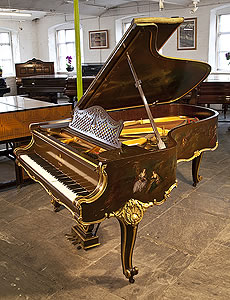 A 1904, Rococo Style, Steinway Model B grand piano for sale with an ornately carved, case with gilt accents and scroll foot cabriole legs. Entire cabinet features exquisite hand-painted scenes in fete galante style