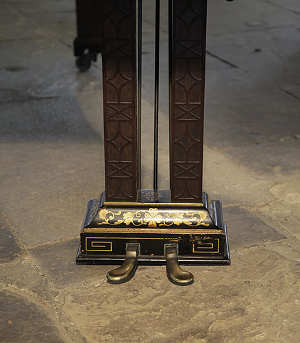 Schiedmayer two-pedal, square lyre design mimics the Malborough piano legs with applied fret carvings and classical meander ornament and rinceaux in gilt detail