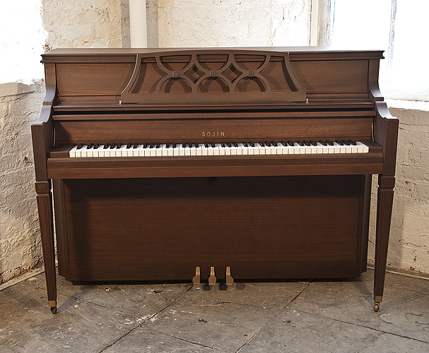 Donkey silhouette See through Sojin DA-31 upright piano for sale with a satin, mahogany case and openwork  music desk. Modern Sojin upright piano. Specialist piano dealer, trader and  wholesaler. Besbrode Pianos Leeds Yorkshire England UK.