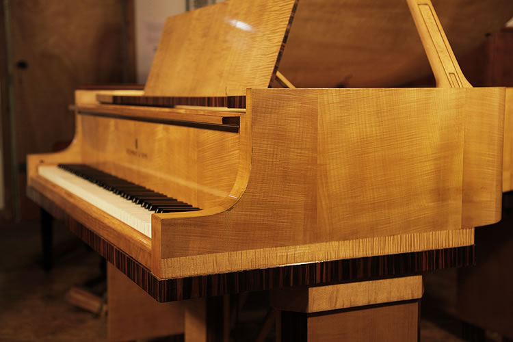 Steinway model M square piano cheek detail with geometric styling