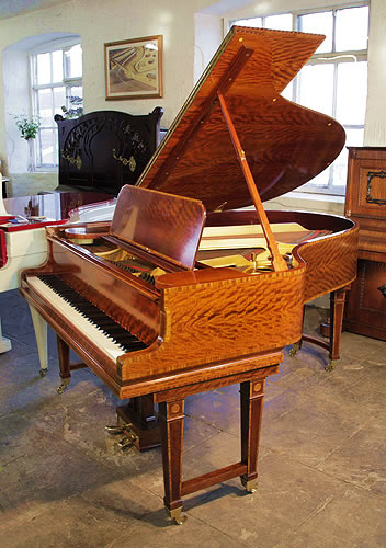 Stunning, 1906 Steinway Model O grand piano with a polished, satinwood case and gate legs. Entire cabinet inlaid with boxwood stringing and crossbanding accents.