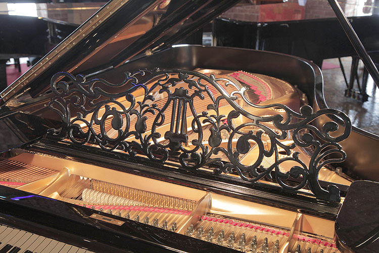 Steinway Model B openwork piano music desk in an arabesque design with central lyre motif. We are looking for Steinway pianos any age or condition.