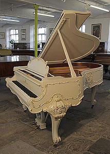 A 1979, Louis XV style, Steinway Model O grand piano for sale with an off-white case and ornately carved, cabriole legs. Entire cabinet features Rococo style, carvings accented with gilt detail. 