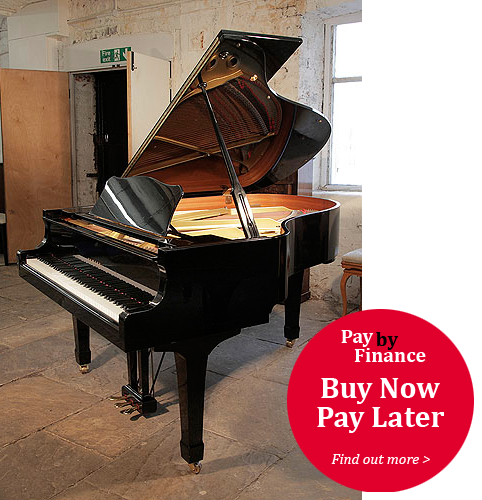 Yamaha G3 grand piano for sale with a black case and polyester finish.