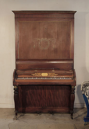 Antique, 1820, Clementi pianoforte for sale with a mahogany case and fluted, baluster legs. Cabinet features a central stylised design of flowers and whiplash lines   
