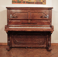 Antique, 1884, Steinway upright piano for sale with a burr walnut case and brass candlesticks Piano has an eighty-five note keyboard and two pedals.