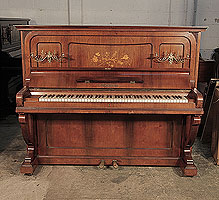 A 1904, Ronisch upright piano for sale with a rosewood case and ornate brass candlesticks. Front panel features bespoke inlay of roses, thistles and shamrocks