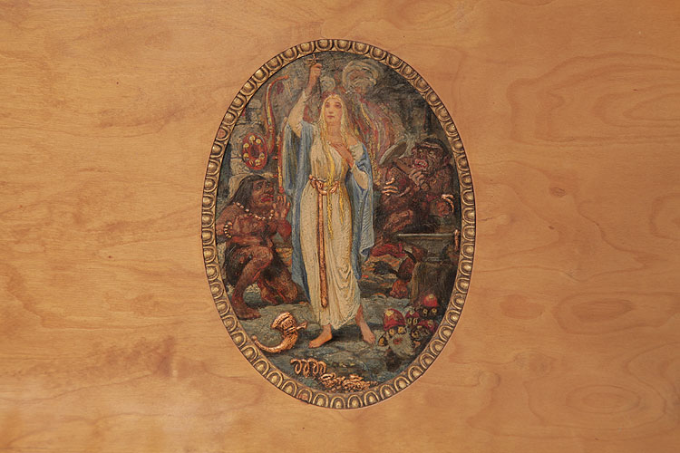 Hand-painted oval by Danish artist Gudmund Hentze  featuring a fair haired maiden lifting a golden dagger