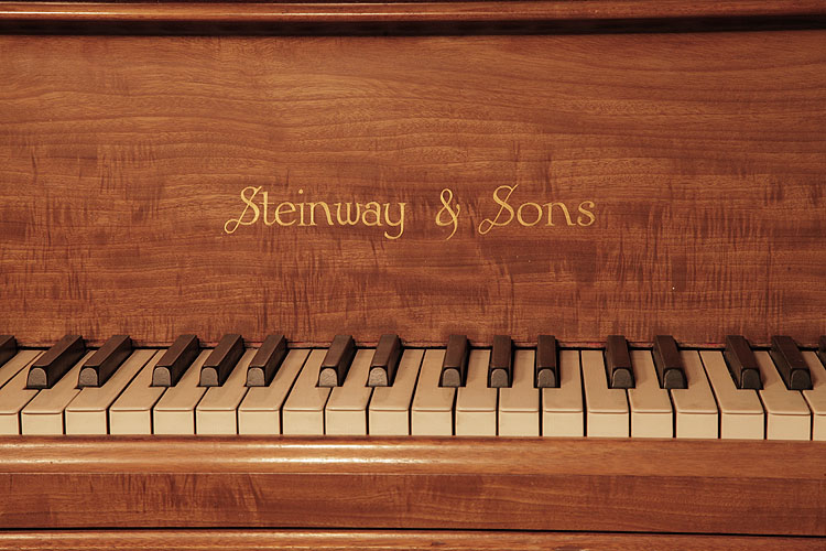 Steinway manufacturer's name inlaid in brass on fall. We are looking for Steinway pianos any age or condition.
