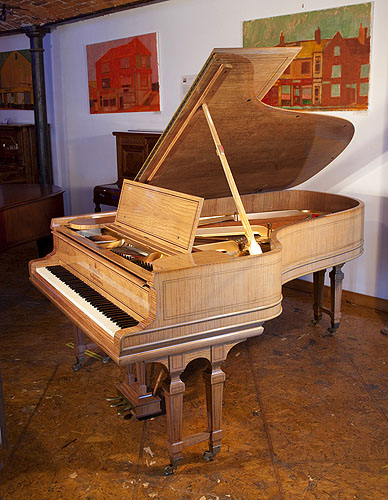 A 1906, Steinway Model B grand piano for sale with a satinwood case and gate legs. Entire cabinet inlaid with boxwood stringing