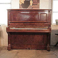Reconditioned, 1892, Bechstein upright piano with a burr walnut case and brass fittings. Piano has an eighty-eight note keyboard and two pedals. 