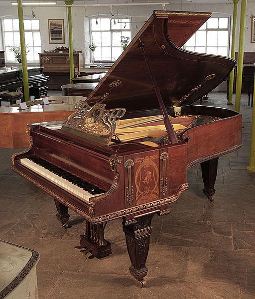 King Edward VII, 1899, Bluthner grand piano for sale with an Art Nouveau inlaid, rosewood case, glass, filigree music desk  and carved, baluster legs. Cabinet decorated with Empire style, gilt mounts. Piano bought by King Edward VII and Queen Alexandra in the Coronation year of 1902