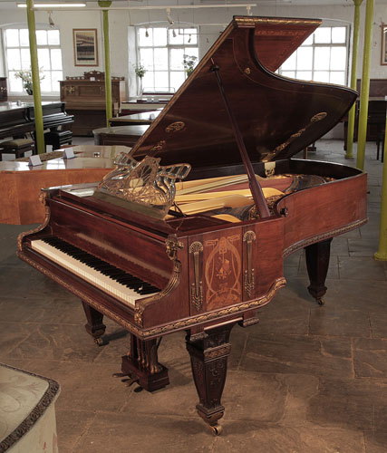 Queen Mary's Bluthner grand piano for sale with an Art Nouveau inlaid, rosewood case and glass music desk. Cabinet decorated with Empire style, gilt mounts. Piano belonged to Queen Mary at Malborough House