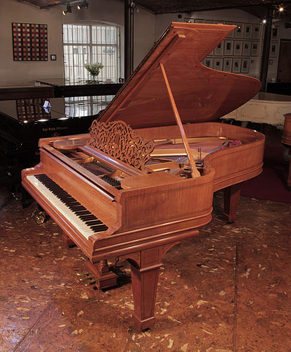 Reconditioned, 1900, Steinway Model B grand piano for sale with a satinwood case and spade legs. Entire cabinet inlaid with boxwood stringing