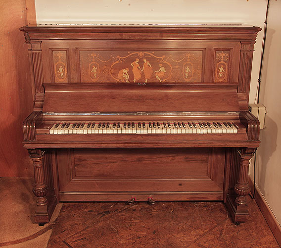 Restored,  1890,  Steinway  upright piano for sale with a rosewood case and panels inlaid with dancing ladies,  flowers, festoons and fluttering ribbons