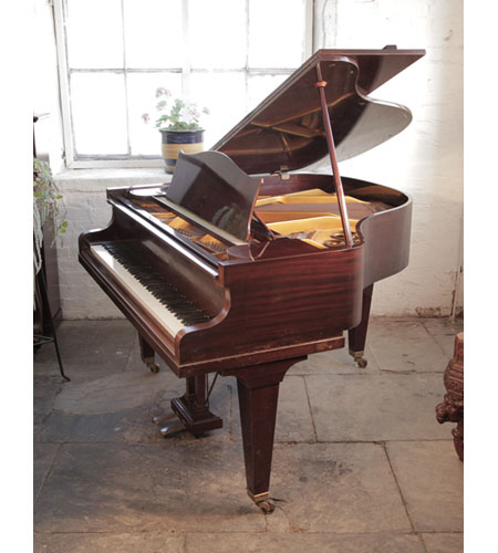  Reconditioned, 1937, Bechstein Model S baby grand piano with a polished, mahogany case and square, tapered legs. Piano has an eighty-eight note keyboard and a two-pedal lyre.