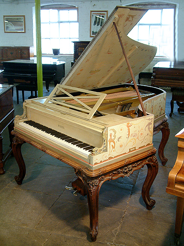 普莱耶（Pleyel）艺术外壳三角钢琴，产于1893年的，绘有精美的神话人物像、半兽人像、猴子、鸟、鲜花等，并在外壳上由画家 G. Meunier 签名。侧面雕刻有精美的鱼形纹理，琴键两侧雕刻有狮子头。钢琴底座是由法国胡桃木制成，雕刻有植物和鲜花的纹理，钢琴有六只弯曲的琴腿。
