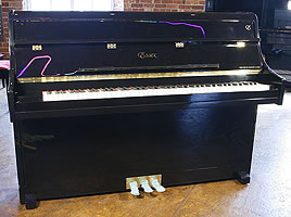 A brand new Essex 108 upright piano with a black case and polyester finish. Designed by Steinway & Sons.