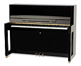 Piano for sale. A Feurich Model 115 upright piano with a black case.