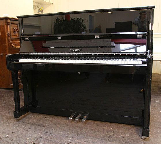 Brand New, Feurich Model 122 upright Piano for sale with a black case.