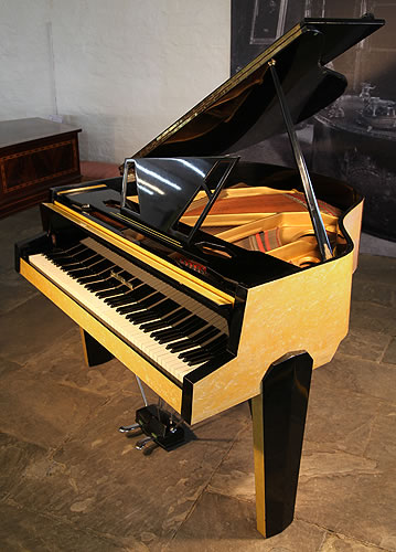 Zimmermann Baby Grand Piano For Sale with a Yellow Formica Case. Cabinet Features an Asymmetrical Music Desk, Geometric Legs and Tubular Steel Piano Lyre.