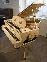 A D'Almaine grand piano with a cream case, covered with Japanese paintings. Piano comes with a matching duet stool.