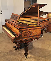 A Cramer grand piano for sale with a beautifully, inlaid burr walnut case. Cabinet features inlay of rosettes, anthemions and banding in a variety of woods