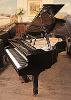 A brand new, Feurich Model 178 Professional grand piano with a black case, gun metal frame and chrome fittings 