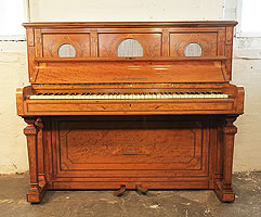 An 1878, Hopkinson upright piano for sale with a neoclassical style, satinwood case. Cabinet features intricate inlay of swags, urns, vases, acanthus, arabesques and griffins