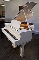 A brand new Steinhoven Model 148 baby grand piano with a white case and spade legs