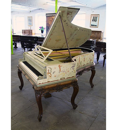 Restored, 1893, Pleyel grand piano hand-painted in Berainesque style, with a fairies, satyrs, nudes, monkeys, mythical creatures, birds, flowers and crested composers names. Signed by G. Meunier.