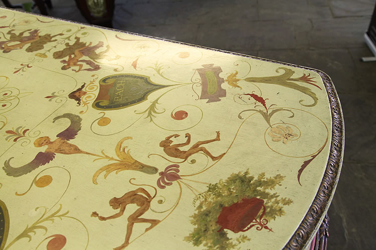Pleyel piano showing stunning hand painted designs incorporating arabesques, flowers, foliage and monkeys