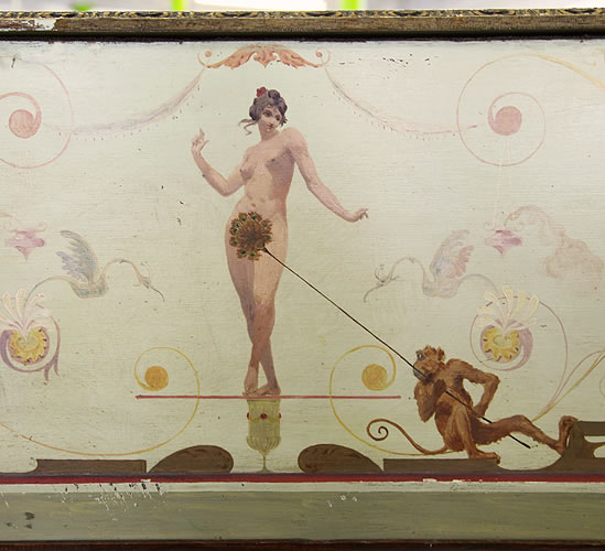 Pleyel piano showing  hand painted nude with modesty comically protected by a monkey holding a fan